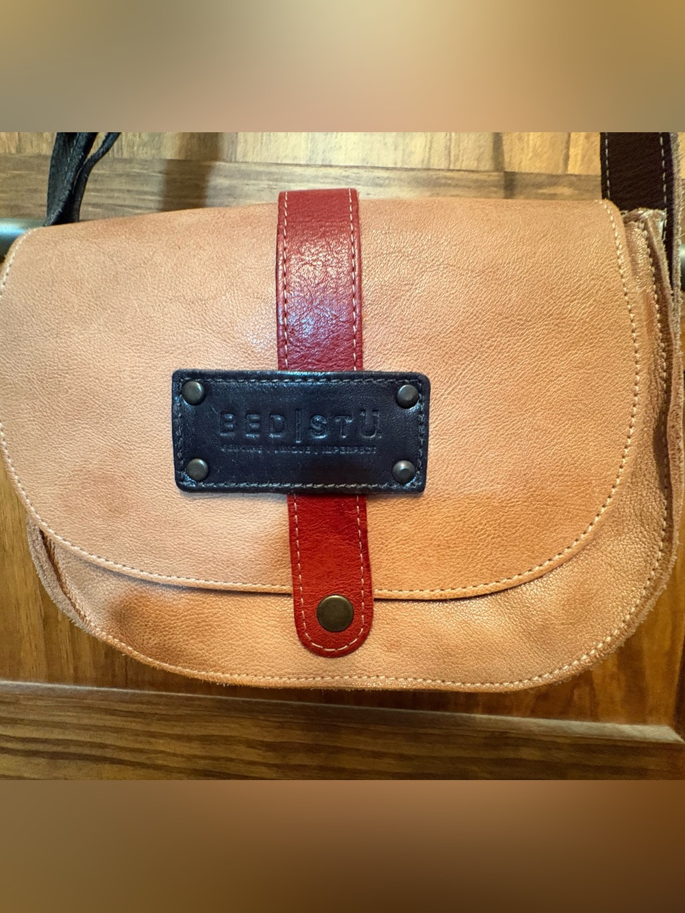 BED|STU Two-Tone Tan and Red Leather Crossbody Bag